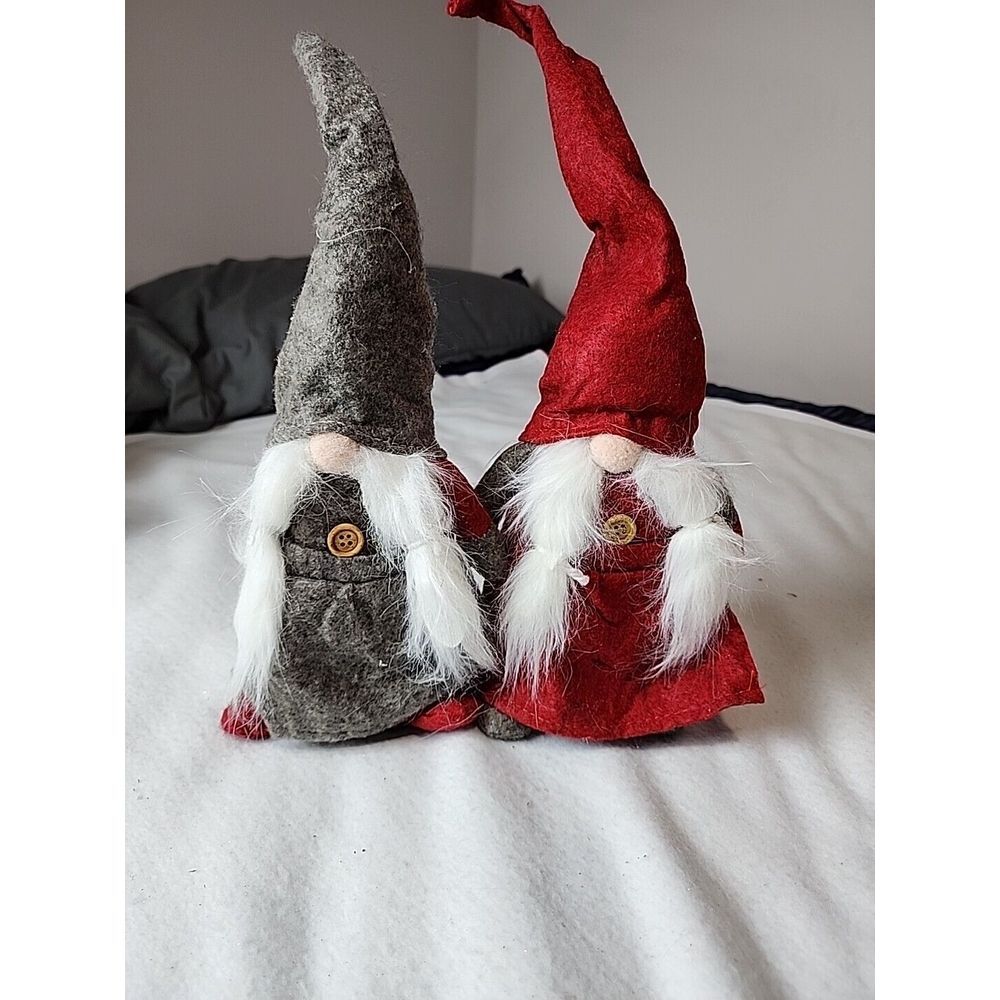 Set of 2 Scandinavian‎ Christmas Gnomes Plush Grey Red Braided Beard 12 Inch